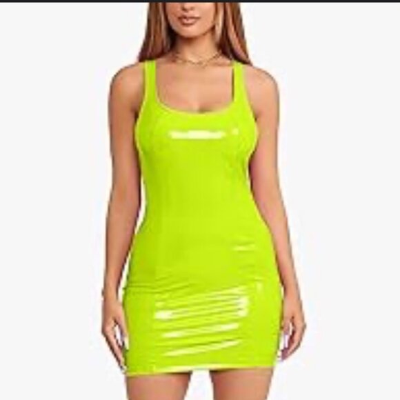 Neon Green Patent Leather Look Racerback Mini Dress Size S - Picture 1 of 5